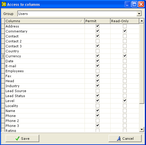 Access to Database Columns dialog screenshot