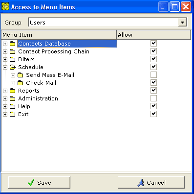 Access to Menu Items dialog screenshot