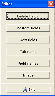 Tabs Editor window screenshot - Delete Fields, Restore Fields, Create Fields, Rename Tab, Rename Fields, Image, Exit