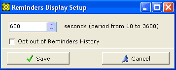 Reminder Display Options window screenshot