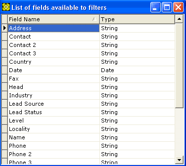 List of Fields Available for Filtering window screenshot