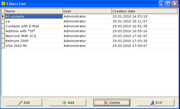 Filters List window screenshot